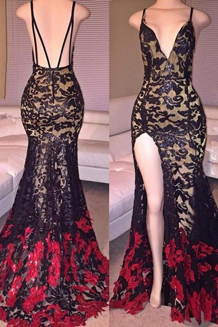 Sexy Mermaid V-Neck Lace Evening Gowns Latest Open Back Split Party Dresses MQ0