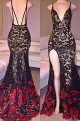 Sexy Mermaid V-Neck Lace Evening Gowns Latest Open Back Split Party Dresses MQ0