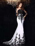 Sexy Mermaid Wedding Dress Bateau Lace Tulle Lace Long Sleeves Bridal Gowns with Sweep Train