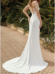 Sexy Mermaid Wedding Dress Square Neck Lace Satin Tulle Half Sleeves Bridal Gowns with Sweep Train