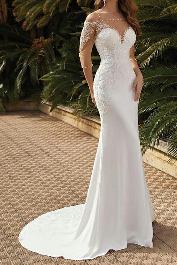 Sexy Mermaid Wedding Dress Square Neck Lace Satin Tulle Half Sleeves Bridal Gowns with Sweep Train