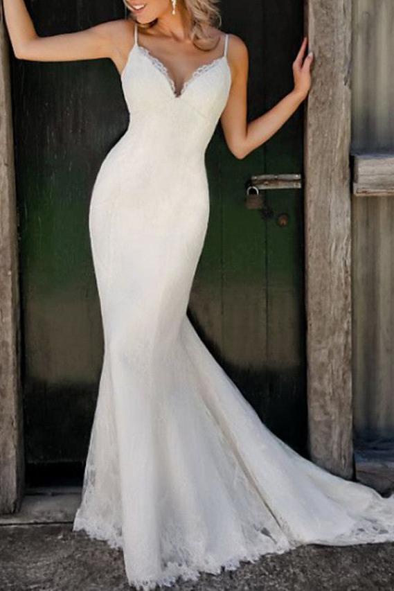 Sexy Mermaid Wedding Dress V-Neck Spaghetti Strap Lace Sleeveless Simple Bridal Gowns Sweep Train