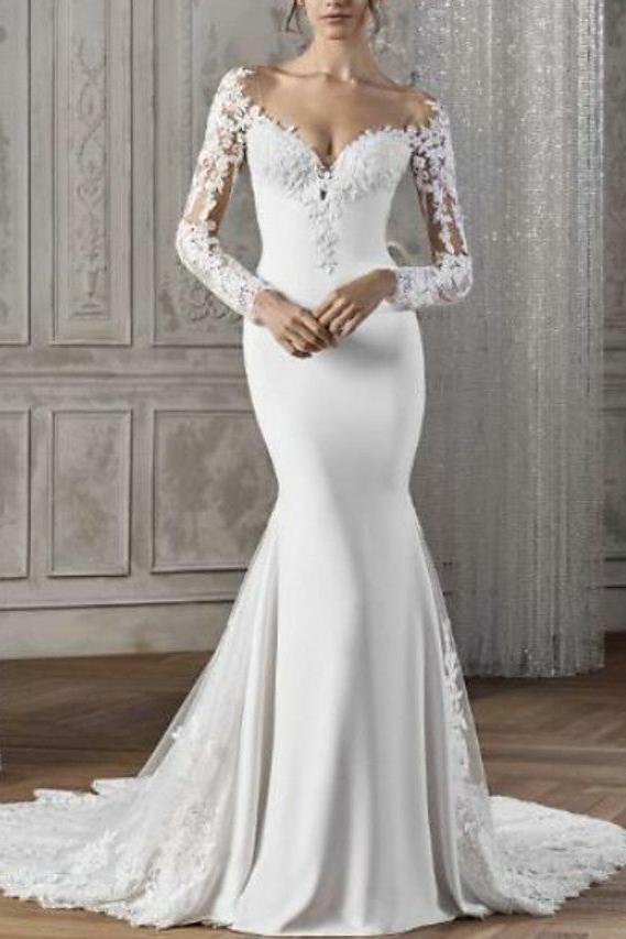 Sexy Mermaid Wedding Dress V-neck Lace Satin Long Sleeves Backless Bridal Gowns with Court Train