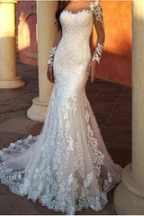 Sexy Mermaid Wedding Dresses Jewel Lace Tulle Long Sleeve Bridal Gowns Sweep Train