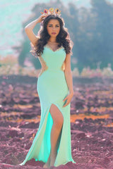 Sexy Mint Chiffon Long Evening Dress with Beadings V-Neck Side Slit Applique Prom Dress for Women MH012