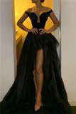 Sexy Off The Shoulder Black Prom Dresses Overskirt Tulle Formal Evening Gowns
