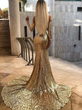 Sexy Off The Shoulder Champagne Sequins Prom Dresses | Long Sleeve Side Slit Evening Gowns