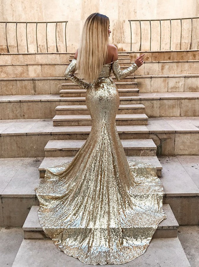 Sexy Off The Shoulder Champagne Sequins Prom Dresses | Long Sleeve Side Slit Evening Gowns