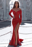 Sexy Off The Shoulder Ruby Satin Front-Split Prom Dresses With Long Sleeves