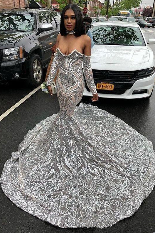 Sexy Off The Shoulder Silver Prom Dresses | Long Sleeve Sparkle Lace Mermaid Graduation Dresses