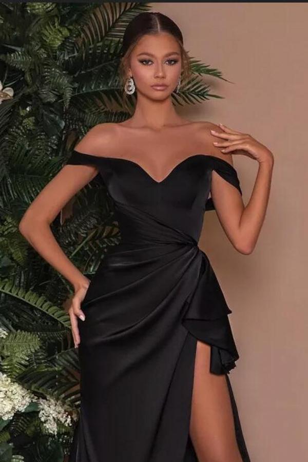 black off the shoulder evening dress Sexy Off-the-Shoulder Black Side Slit Evening Dress Satin Long Prom Dress