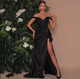 Sexy Off-the-Shoulder Black Side Slit Evening Dress Satin Long Prom Dress
