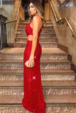 Sexy One-Shoulder Sleeveless Evening Gown | Red Sequins Side-Slit Prom Dress