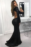 Sexy Open Back Black Sequins Evening Dresses | Sheath Long Sleeve Prom Dresses