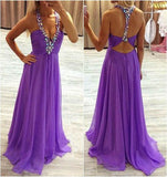 Sexy Open Back Chiffon Purple Prom Dresses Deep V-neck Evening Gown