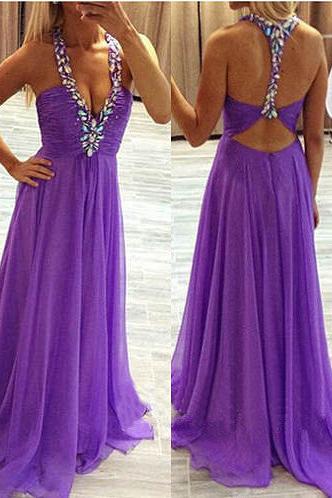 Sexy Open Back Chiffon Purple Prom Dresses Deep V-neck Evening Gown