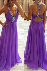 Sexy Open Back Chiffon Purple Prom Dresses Deep V-neck Evening Gown