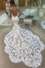 Sexy Open Back Mermaid Lace Wedding Dresses | Spaghetti Straps Bridal Gowns with Chapel Train
