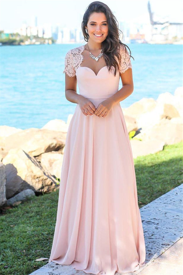 Sexy Open Back Pink Bridesmaid Dresses | Chiffon Short Lace Sleeves Formal Evening Dresses