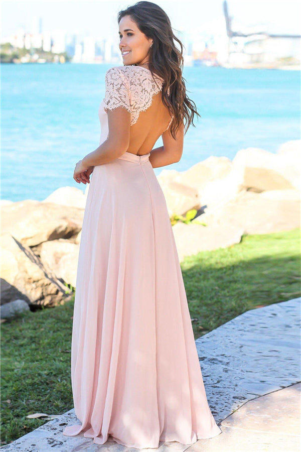 Sexy Open Back Pink Bridesmaid Dresses | Chiffon Short Lace Sleeves Formal Evening Dresses