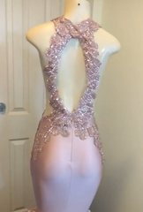 Sexy Open Back Pink Mermaid Prom Dresses on Mannequins | Sleeveless Appliques Graduation Dresses Online