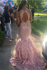 Sexy Open Back Pink Mermaid Prom Dresses on Mannequins | Sleeveless Appliques Graduation Dresses Online