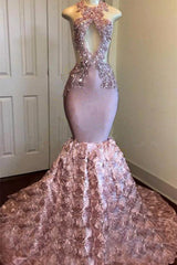 Sexy Open Back Pink Mermaid Prom Dresses on Mannequins | Sleeveless Appliques Graduation Dresses Online