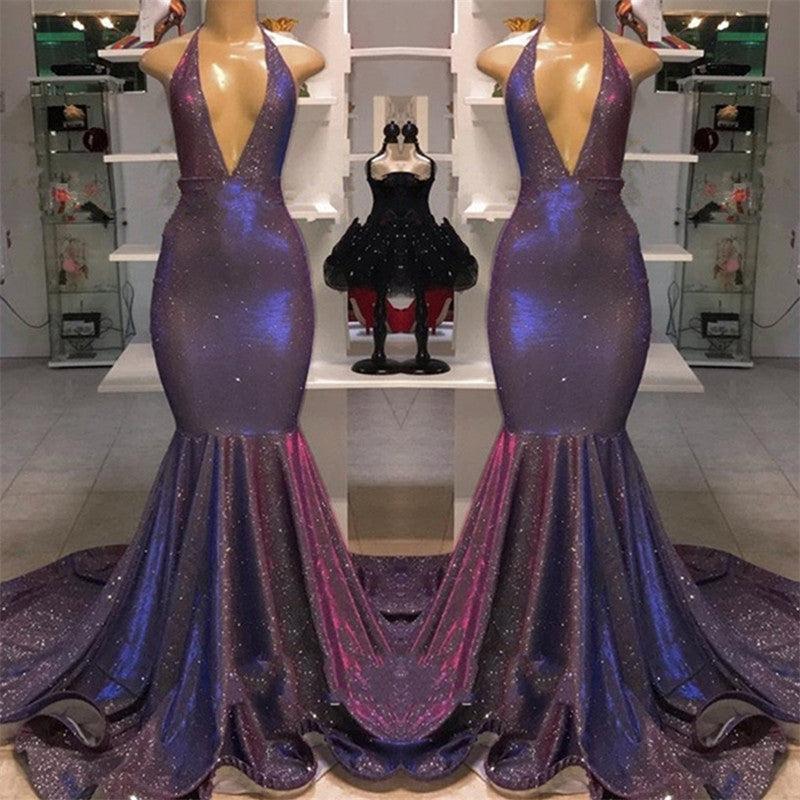 Sexy Open Back V-neck Sleeveless Mermaid Shiny Prom Dresses for Juniors