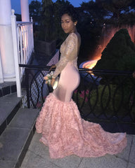 Sexy Pink Backless Prom Dresses | Flowers Long Sleeve Sexy Evening Dress with Appliques WW0148