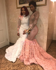 Sexy Pink Backless Prom Dresses | Flowers Long Sleeve Sexy Evening Dress with Appliques WW0148