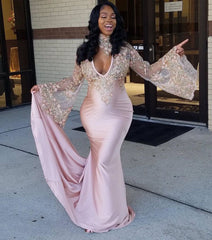 Sexy Pink V-Neck Mermaid Prom Dresses Long Sleeves Appliques Evening Dresses with Choker SK0087