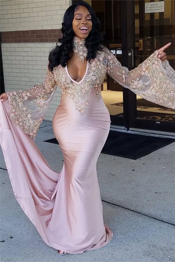 Sexy Pink V-Neck Mermaid Prom Dresses Long Sleeves Appliques Evening Dresses with Choker SK0087
