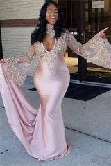 Sexy Pink V-Neck Mermaid Prom Dresses Long Sleeves Appliques Evening Dresses with Choker SK0087