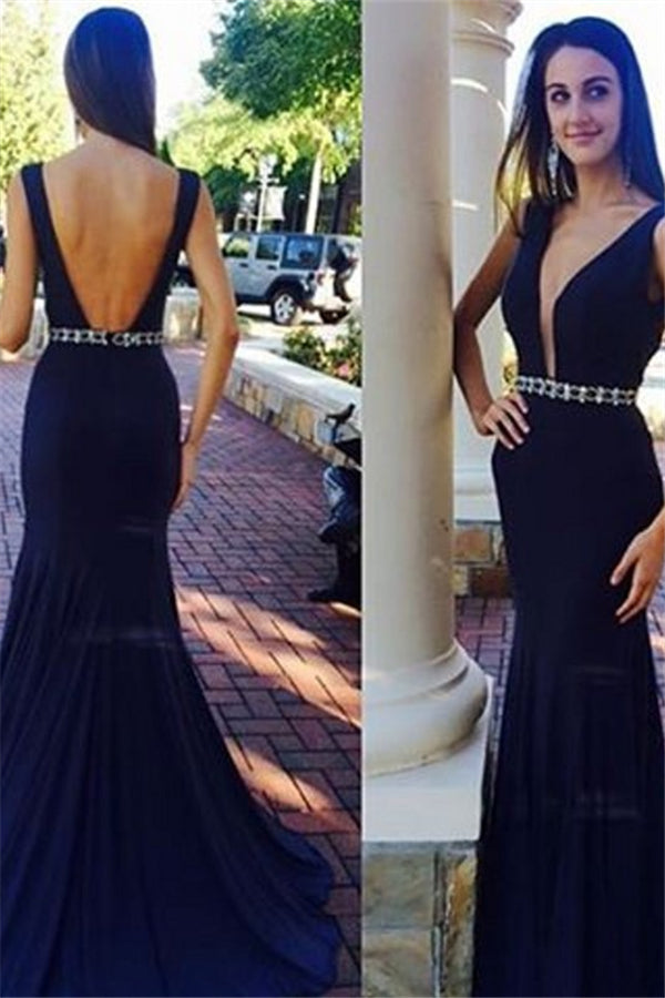 Sexy Plunging Neck Prom Dress Simple Backless Sweep Train Evening Dresses
