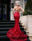 Sexy Red Floral Lace Slim Mermaid Evening Prom Dress