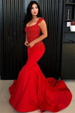 Sexy Red Mermaid Evening Dresses | Long Beaded Straps Formal Dresses BC0080