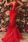 Sexy Red One Shoulder Sleeveless Tulle Prom Dresses | Mermaid Open Back Appliques Evening Gown