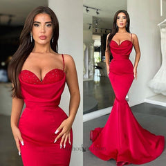 Sexy Red Spaghetti-Straps Mermaid Evening Prom Dresses Long On Sale
