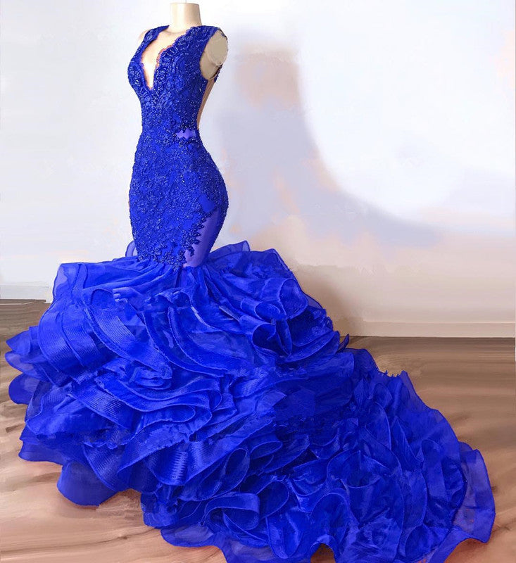 Sexy Royal Blue Mermaid Prom Dresses V-Neck Sleeveless Ruffles Evening Dresses
