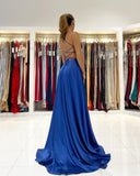Sexy Royal Blue Stretch Satin Ruffles High Split Evening Dresses