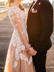 Sexy See-Through A-Line Wedding Dress Jewel Lace Tulle Long Sleeve Bridal Gowns Sweep Train