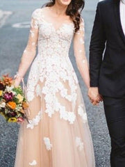 Sexy See-Through A-Line Wedding Dress Jewel Lace Tulle Long Sleeve Bridal Gowns Sweep Train