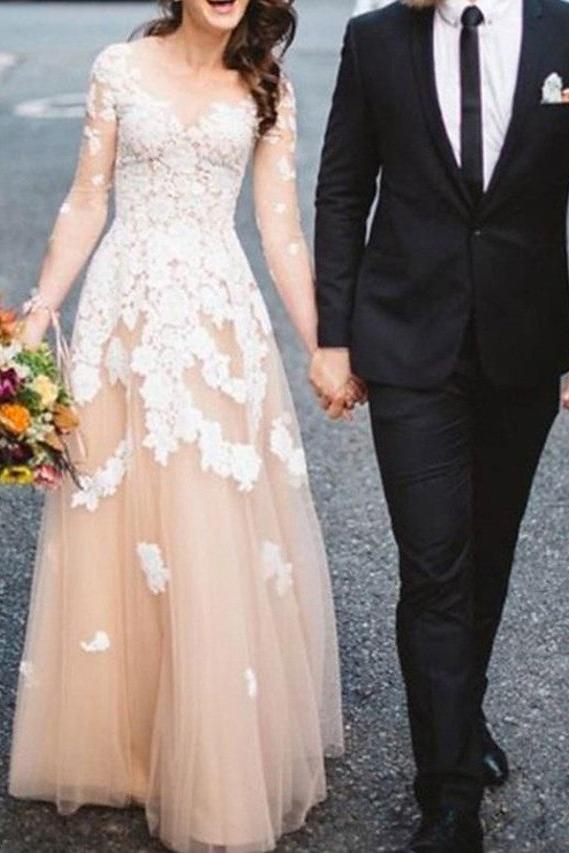 Sexy See-Through A-Line Wedding Dress Jewel Lace Tulle Long Sleeve Bridal Gowns Sweep Train