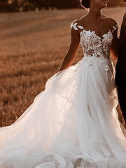 Sexy See-Through A-Line Wedding Dress Jewel Lace Tulle Short Sleeve Bridal Gowns Sweep Train