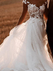 Sexy See-Through A-Line Wedding Dress Jewel Lace Tulle Short Sleeve Bridal Gowns Sweep Train
