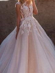 Sexy See-Through A-Line Wedding Dress Jewel Lace Tulle Sleeveless Bridal Gowns with Court Train