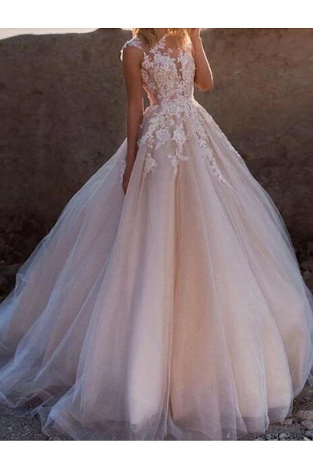 Sexy See-Through A-Line Wedding Dress Jewel Lace Tulle Sleeveless Bridal Gowns with Court Train