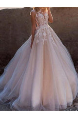 Sexy See-Through A-Line Wedding Dress Jewel Lace Tulle Sleeveless Bridal Gowns with Court Train