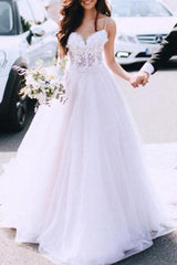 Sexy See-Through A-Line Wedding Dress Spaghetti Strap Lace Tulle Sleeveless Country Bridal Gowns Sweep Train
