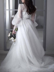 Sexy See-Through A-Line Wedding Dress V-neck Lace Tulle 3/4 Sleeve Bridal Gowns Backless with Sweep Train